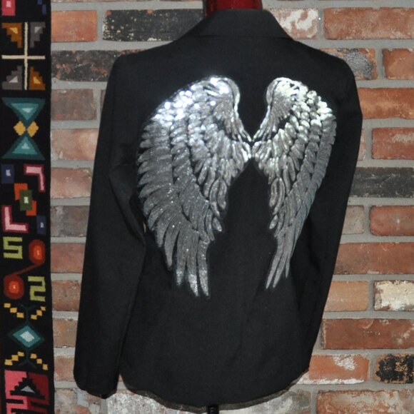 Custom Vanity Fair Black Blazer Jacket w/ Silver Sequin Applique Angel Wings 6 - Picture 2 of 8